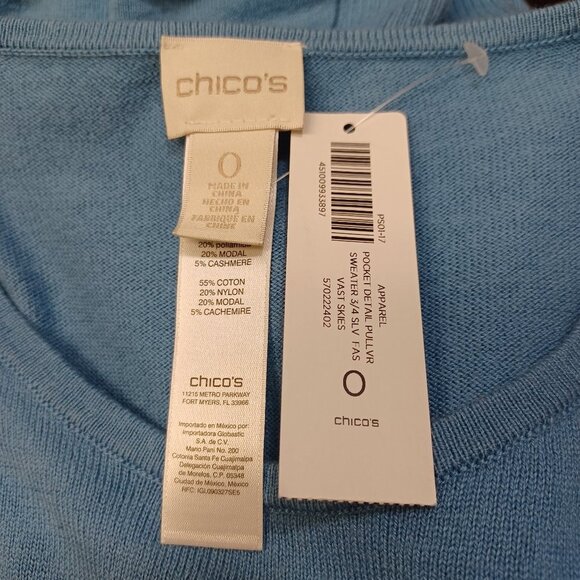 Chicos Sweater Vast Skies Pocket Detail Blue Pullover Womens Small NEW - Picture 5 of 8
